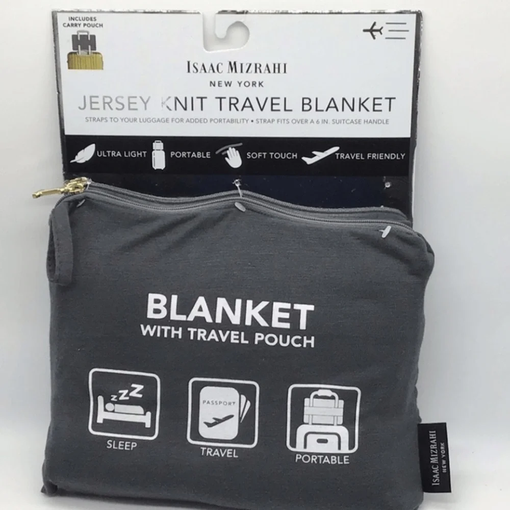 Isaac Mizrahi Travelers 2 Piece Set Knit Blanket + Bag Gray Tan Black Modern NEW
